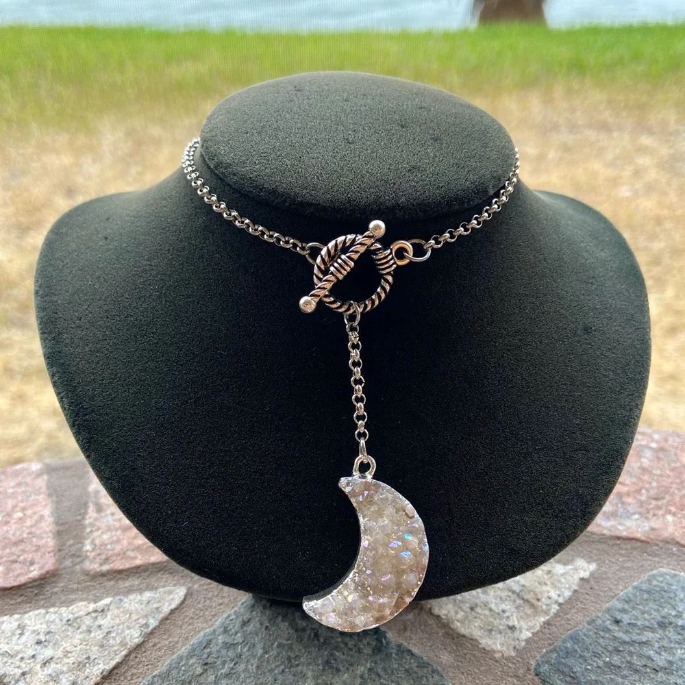 Lariat Y shape necklace iridescent druzy quartz crecent moon charm